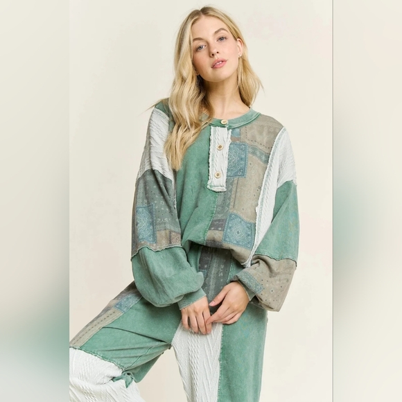 #1057 J Her Mineral Washed Bandana Patchwork + Sweater Pant SET - Picture 5 of 10